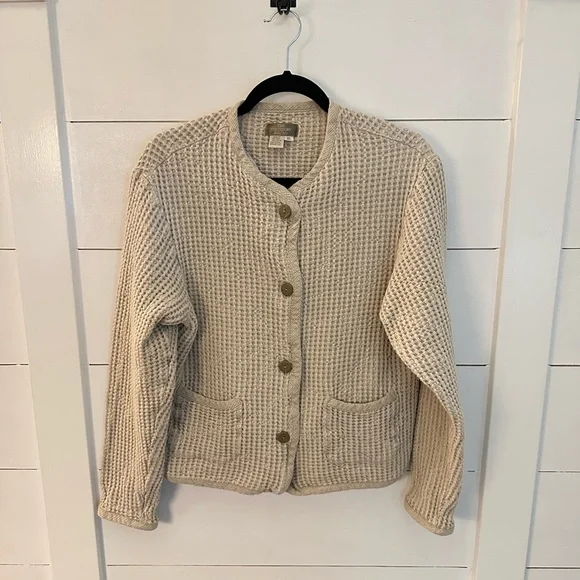 Y2K VINTAGE Waffle Linen-cotton blend tan bohemian lagonlook cottagecore jacket - Picture 2 of 11